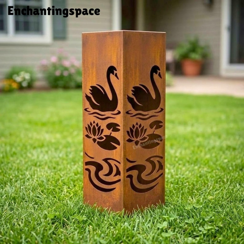 Swans Column Swan Wildlife Metal Garden Column, Rustic Steel Outdoor Patio Decor - Etsy