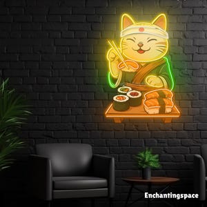 Cat Eat Sushi Neon Sign Wall Art, Japanese Food Acrylic Led Sign, Sushi Restaurant and Sushi Bar Wall Decor