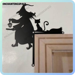 Custom Witch Rides Broomstick Door Corner Metal Wall Art, Witch Halloween Metal Door Topper, Halloween Decor, Witch Halloween Door Frame