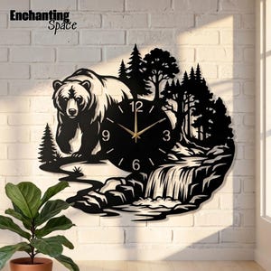 Individuelle Wanduhr aus Metall mit Grizzlybär-Motiv, Wildtier-Wasserfall-Dekoration, Kiefernwald-Kunst