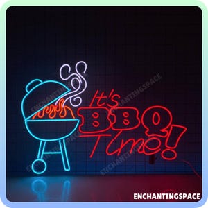 Neonbord It&#39;s BBQ Time, open bord voor barbecue winkelinrichting, muurbord barbecue restaurant, ledlicht barbecuerestaurant, neonlicht grill