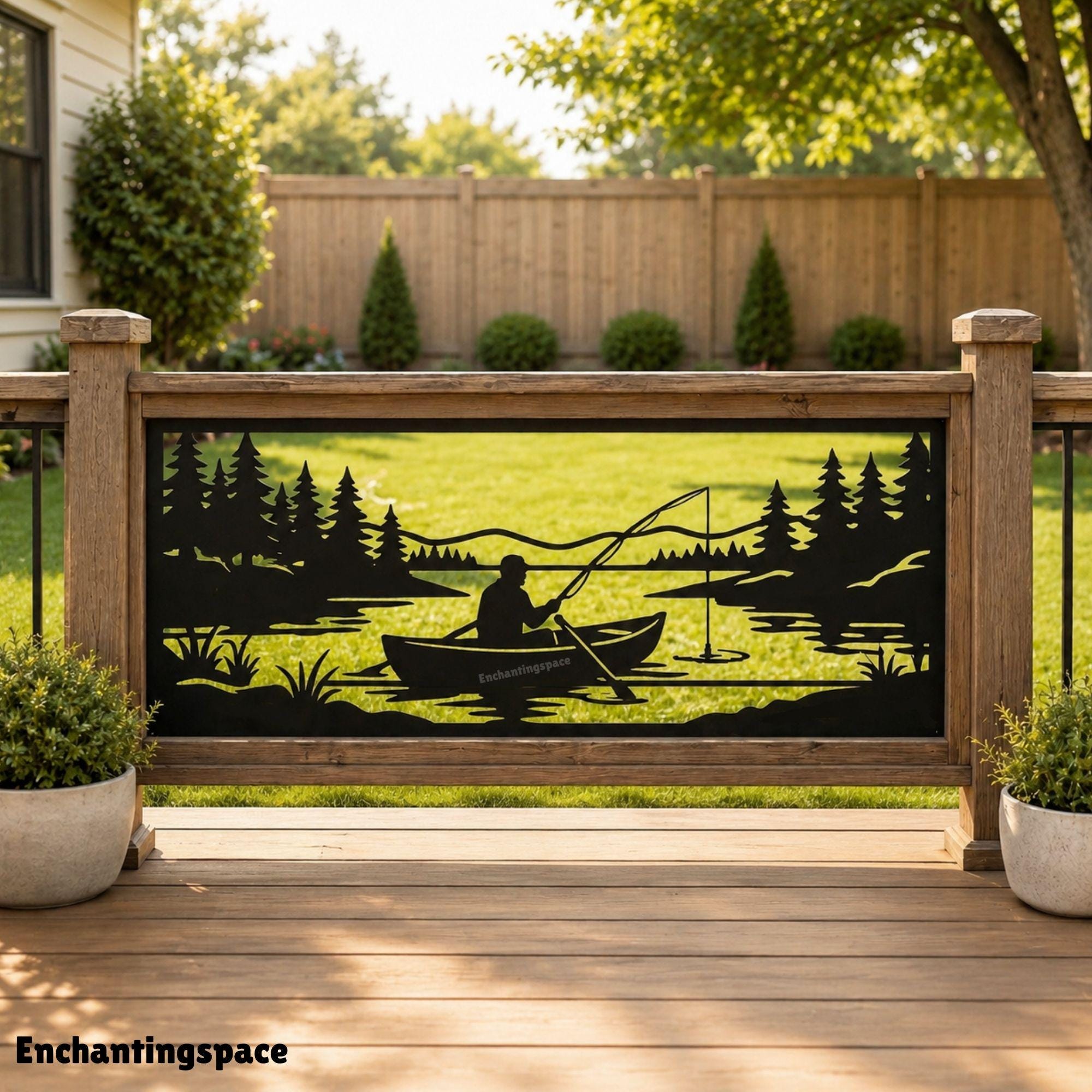 Lake Fishing Boat Metal Fence Topper, Angler Canoe Deck Railing Insert for Rustic Cabin Outdoor Decor