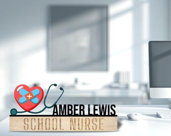 Custom Nurse Desk Name Plate, Personalized School Nurse Wooden Nameplate, Medical Office Shelf Tabletop Sign, Gift for Mom