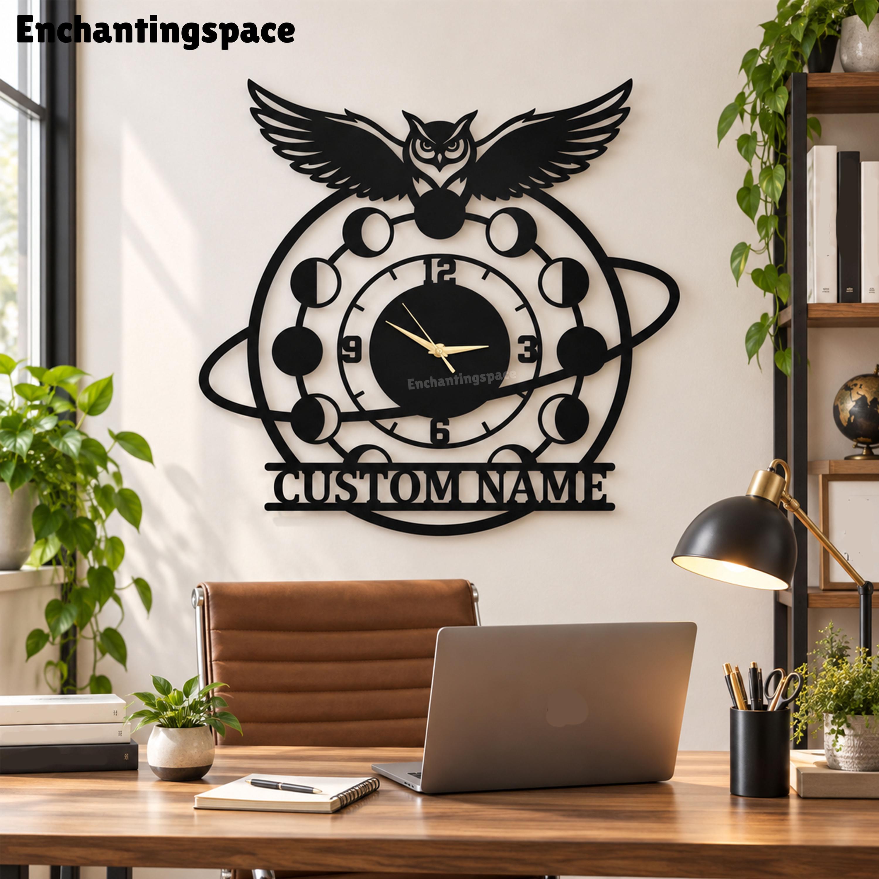 Flying Owl Metal Wall Clock, Celestial Moon Phase Steel Hanging, Personalized Nocturnal Bird Sign, B