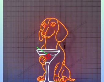 Dachshund Drinking Martini Neon Sign, Martini Cocktail Led Sign, Martini Bar Wall Decor, Dachshund Dog Bar Pub Wall Art, Cocktail Light Up