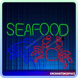 Leuchtreklame mit Fisch und Meeresfrüchten, LED-Schild, Willkommensschild für Fischküche, Fischgeschäft, Meeresküche