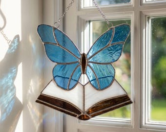 Handmade Butterfly Stained Glass Window Hanging Decor, Customized Book Lover Suncatcher Art