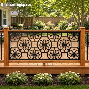 May include: A black metal deck railing panel featuring a repeating geometric pattern of hexagons and squares with centered floral motifs. The panel is mounted between vertical wooden posts on a wooden deck, with the text Enchantingspace visible.