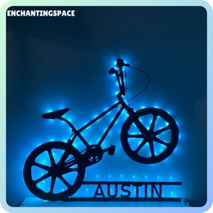 Custom Bicycle Metal Wall Art LED Light, Personalized Bicycle Name Sign Decoration, Bicycle Racing Light, Sport Room Metal Wall Art Decor
