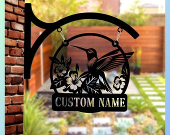 Personalized Hummingbird Garden Sign, Hanging Metal Outdoor Decor