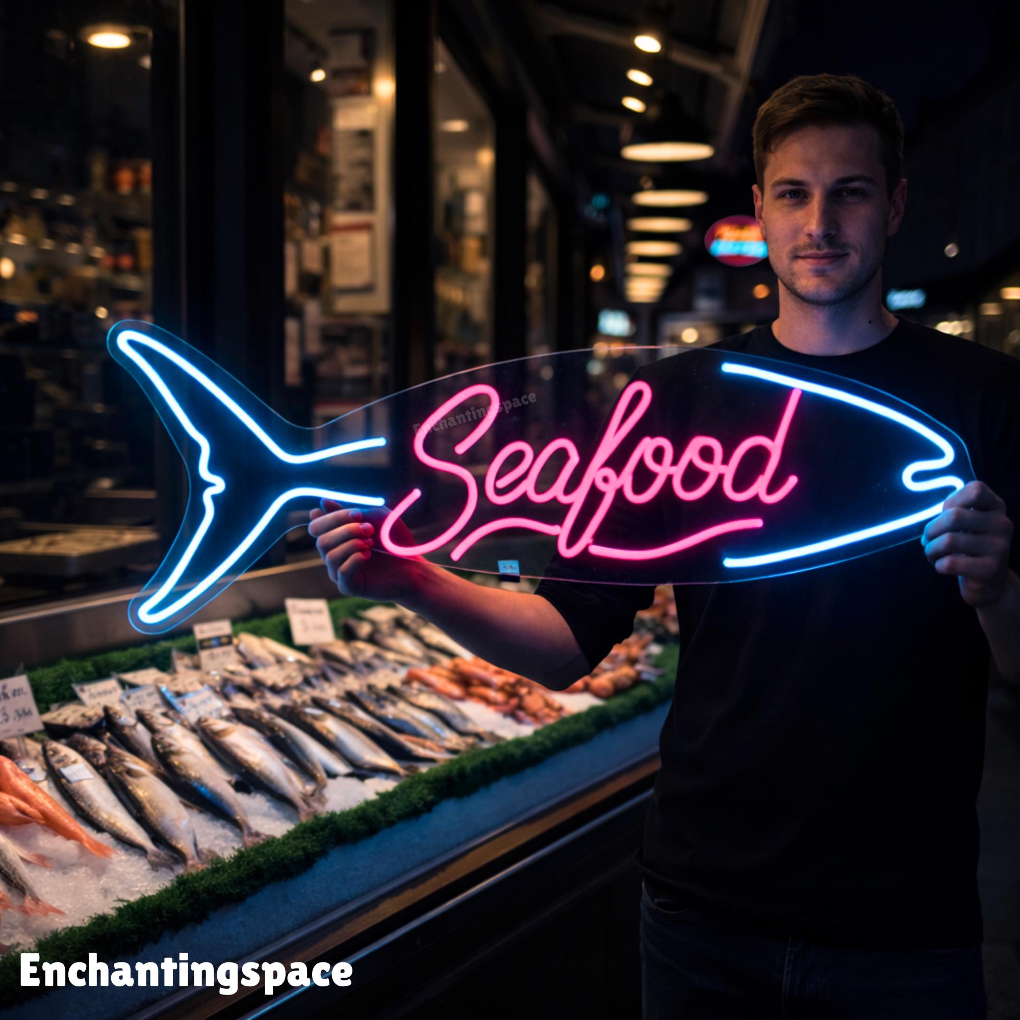 Seafood Neon Sign, Minimalist Fish LED Wall Art for Coastal