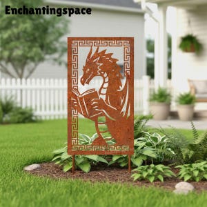 Rustic Reading Dragon Metal Garden Stake, Fantasy Steel Outdoor Backyard Panel Decor