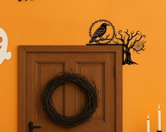 Personalized Raven Metal Door Corner Decor, Custom Halloween Crow Front Door Decor, Metal Door Decoration, Spooky Door Topper