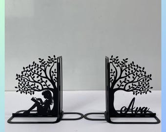 Customized Girl Read Book Metal Bookends, Girl Name Bookend, Read Book Table Sign Decor, Black Metal Desk Decor, Back To School Gift