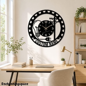 Custom Electrician Metal Wall Clock, Personalized Light Bulb Name Sign, Home Office Art