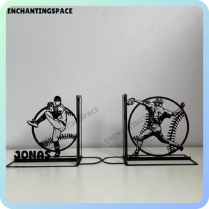 May include: Black metal bookends featuring a baseball player silhouette throwing a ball. The bookends are shaped like a baseball with stitching details. The left bookend has the name "JONAS" on the base.
