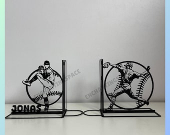 Sujetalibros metálicos personalizados con forma de lanzador de béisbol, sujetalibros con el nombre del jugador de béisbol, regalos para amantes del béisbol, topes de libros de béisbol para bibliotecas y oficinas.