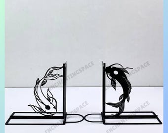 Customized Koi Fish Metal Bookends, Personalized Yin Yang Koi Fish Name Book Ends, Fish Bookshelf Decor, Koi Fish Book Stoppers for Office