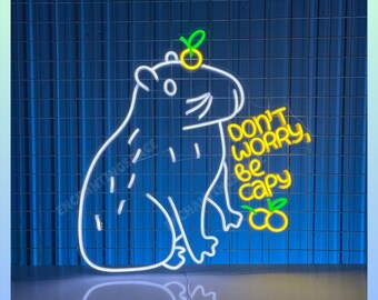 Capybara Neonschild – Niedlich Mit Brille, Gelb-grünes LED-Licht, USB-Betrieb, Fürs Kinderzimmer & Deko
