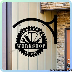 Personalized Workshop Metal Hanging Sign, Workshop Garage Name Store Front Sign, Repair Tools Blade Sign, Workshop Metal Outdoor Sign Decor