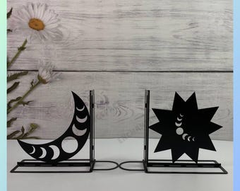 Customized Moon Sun Metal Bookends, Moon Crescent Name Bookend, Cosmic Moon Book Stoppers for Office Library, Sun Black Metal Bookshelf
