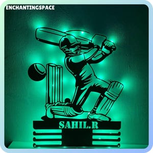 Customized Cricket Batsman Medal Hanger Metal Wall Art LED Light, Personalized Cricket Player Name Sign Decor, Sport Metal Holder Light