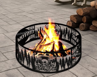 Personalized Skull Art Fire Pit Ring, Gothic Metal Fire Ring, Dark Outdoor Decor for Camp Nights, Garden Metal Art, Gift for Camper Fans