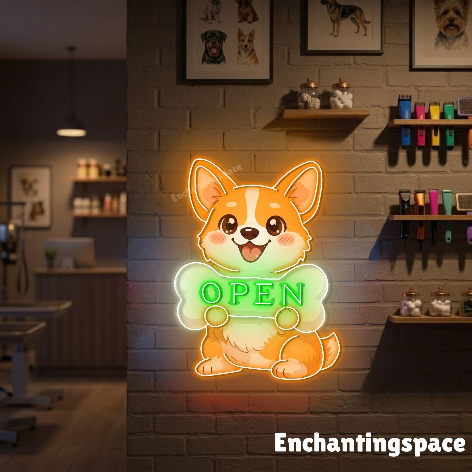 Idog Led Light Pattern Playful Corgi Open Neon Wall Accent, Dog LED Light Sign for Veterinary ...
