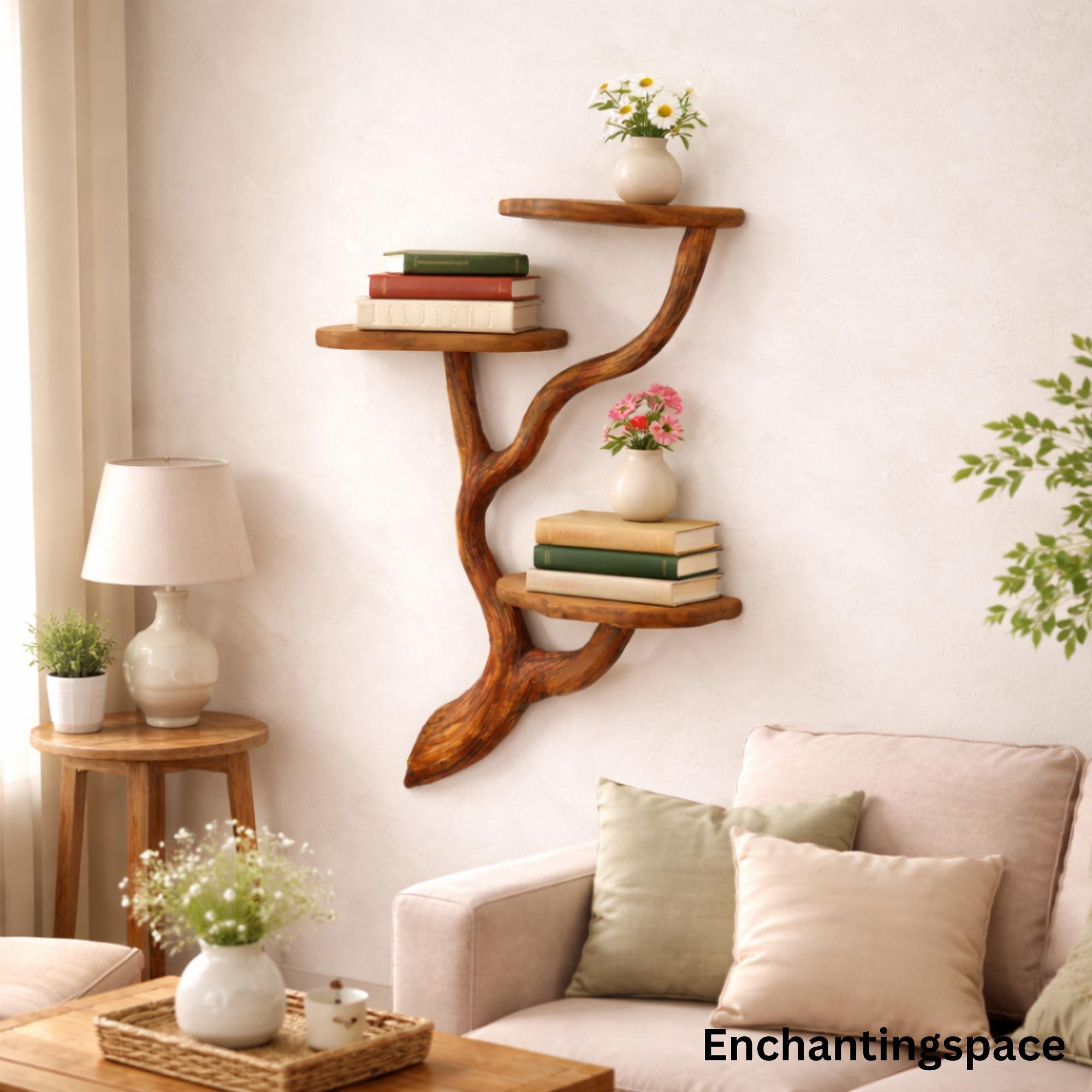 Handmade Wooden Wall Shelf, Rustic Tree Branch Floating Shelf, Natural ...