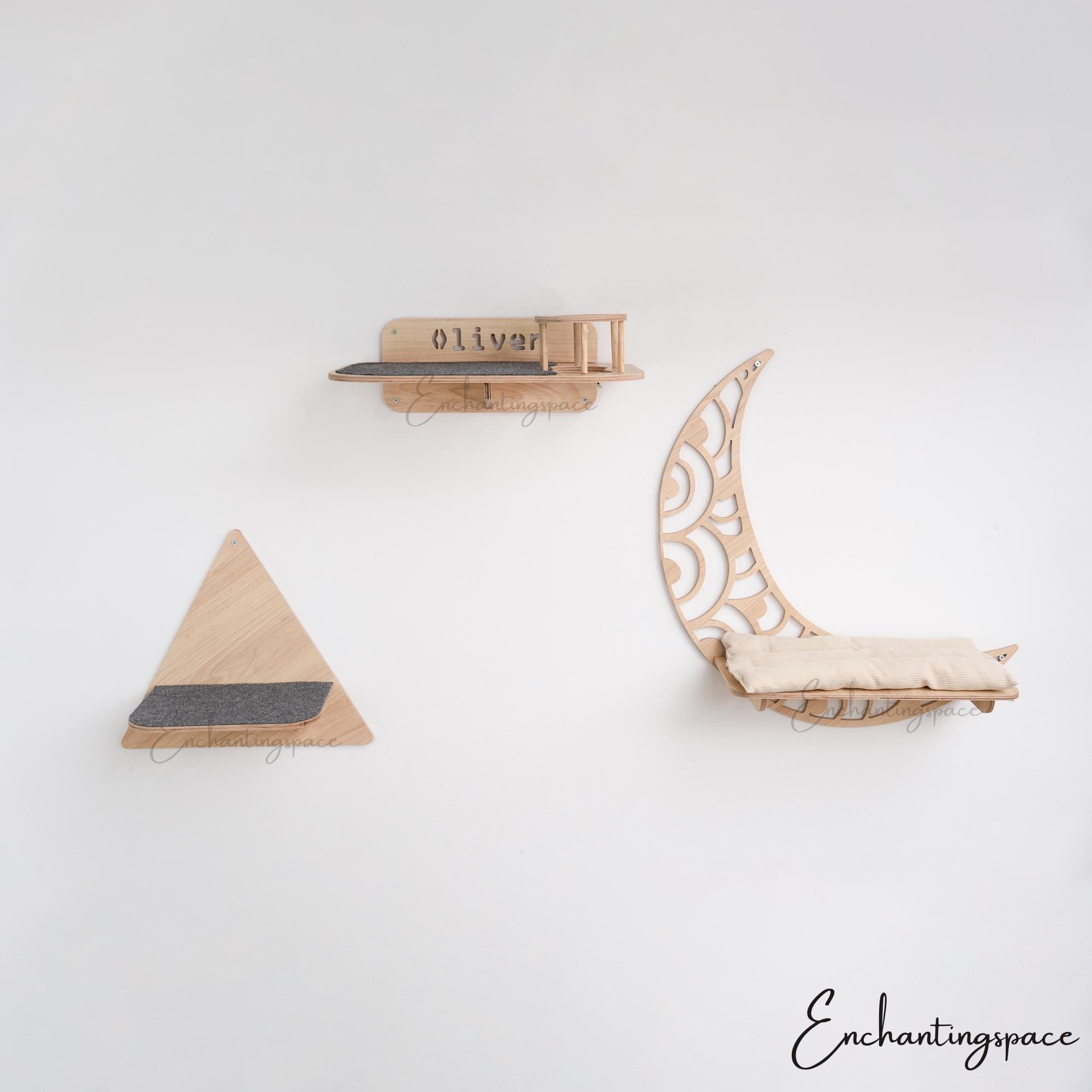 Custom Wood Cat Climbing Shelf, Set Cat Wood Furniture for Wall With Half Moon Cat Shelf Cat Step Shelf With 2 Bowls, Modern Cat Shelves Set