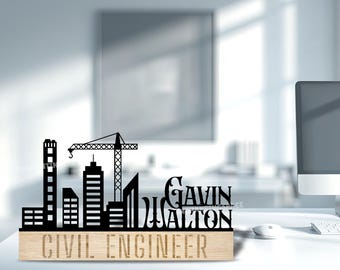 Custom Desk Name Plate for Civil Engineer, Engineer Office Decor, Engraved Name Sign for Engineer, Wooden Name Plate, Gift for Boss