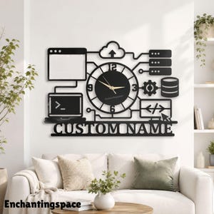 Peut inclure: Une horloge murale noire avec un cadran circulaire central et des aiguilles dorées, entourée d'icônes informatiques interconnectées, notamment un nuage, des serveurs, un engrenage et une fenêtre de terminal. Le texte CUSTOM NAME est en bas.