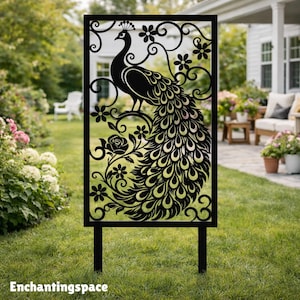 Peacock Metal Garden Panel, Floral Bird Outdoor Yard Decor, Rustic Peafowl Silhouette Sign