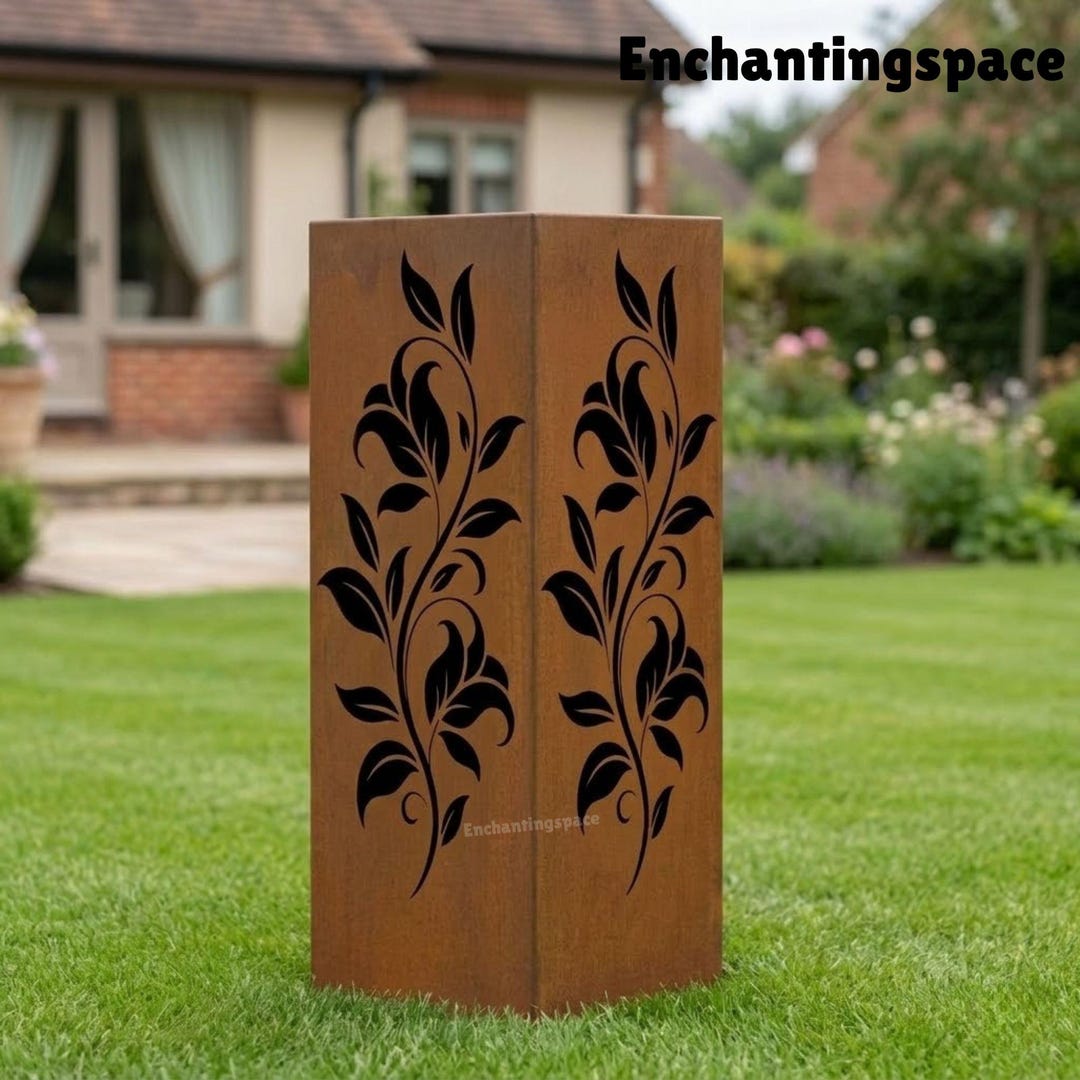 Whimsical Botanical Metal Garden Column, Rustic Steel Outdoor Decor for ...