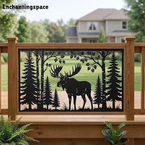 May include: A black metal decorative panel featuring a silhouette of a moose standing in a forest with pine and birch trees. The rectangular panel is framed by a light brown wooden railing structure, showcasing a detailed laser-cut wildlife design.