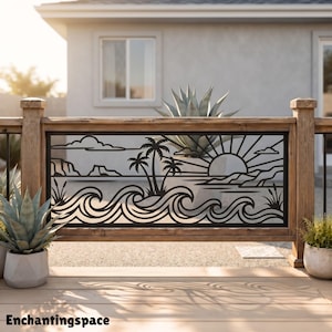 May include: A rectangular black metal decorative panel featuring a laser-cut design of a tropical beach scene with palm trees, ocean waves, a rising sun, and distant mountains. The panel is mounted within a wooden railing frame.