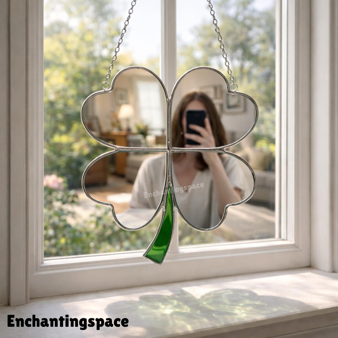 Irish Four-leaf Clover Stained Glass Hanging Mirror, Handmade