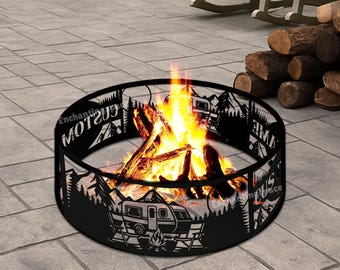Personalized Camper Fire Pit Ring, Travel Trailer Metal Fire Ring, Custom Outdoor Camping Decor, Gift for Backyard BBQ Lovers