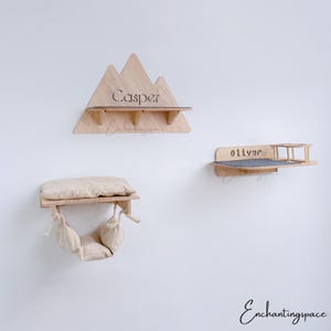 Custom Cat Wood Wall Furniture, Set Cat Wall Shelves With Mountain Cat Step Cat Hammock Shelf With 2 Bowls, Modern Wood Cat Shelves For Wall