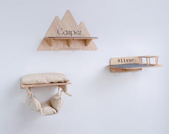 Custom Cat Wood Wall Furniture, Set Cat Wall Shelves With Mountain Cat Step Cat Hammock Shelf With 2 Bowls, Modern Wood Cat Shelves For Wall