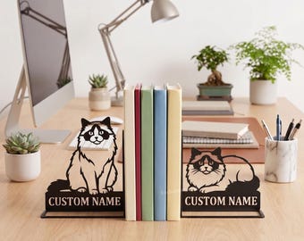 Ragdoll Cat Metal Bookend, Personalized Pet Bookshelf Holder for Cat Lover Reading Room