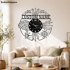 May include: A black wall clock featuring a circular design with a brain illustration on the left, a circuit board pattern throughout, and the text CUSTOM NAME at the top. The clock face is black with white numbers and gold-colored hands.