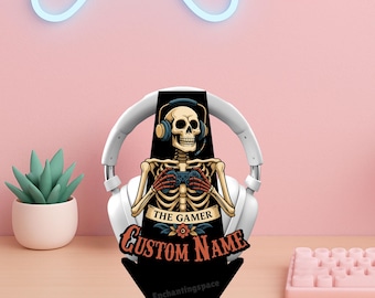 Personalized Skeleton Gamer Headphone Stand, Custom Metal Headset Holder with Acrylic Base, Halloween Desk Decor, Headphone Accessory