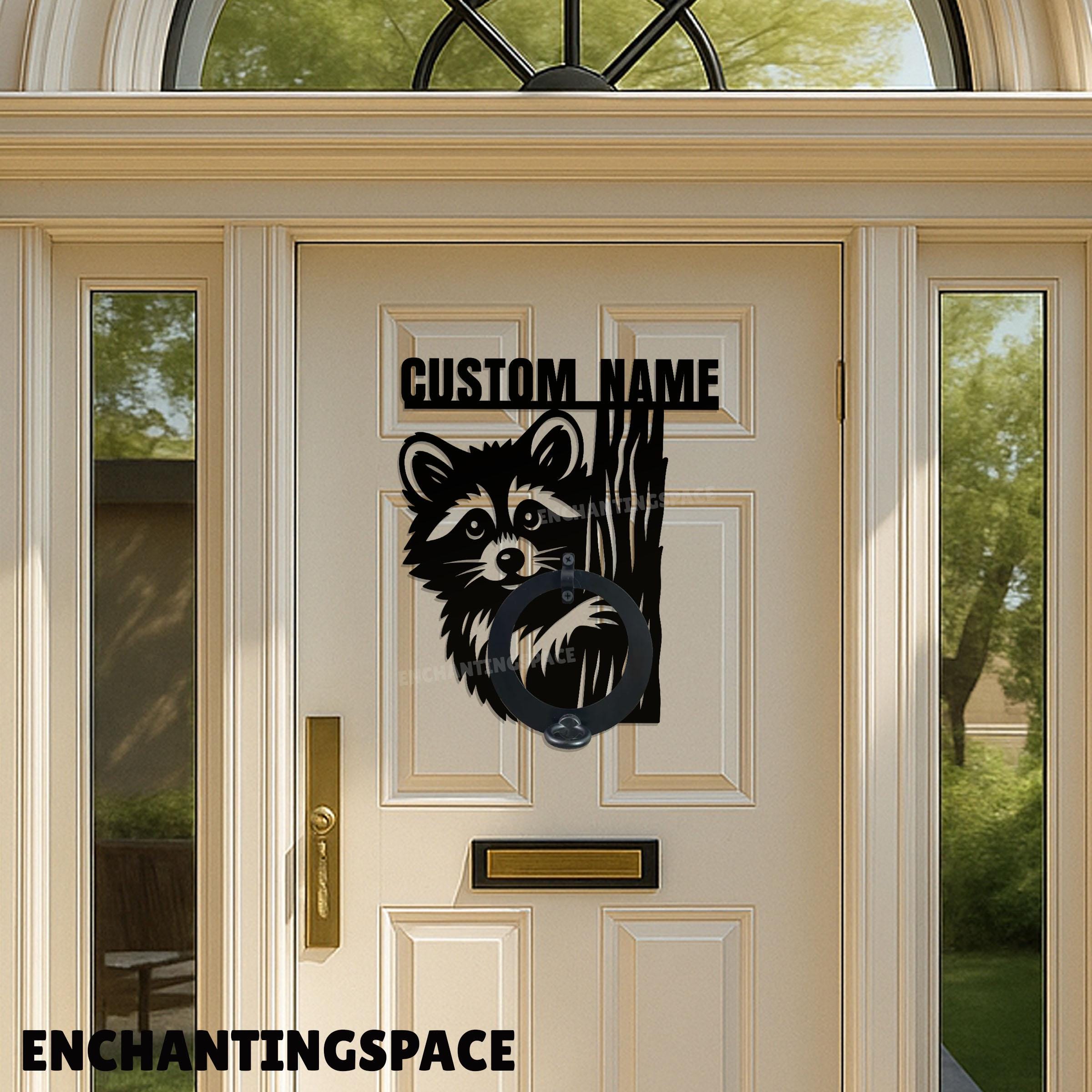 Personalized Raccoon Door Knocker Metal Sign, Raccoon Hanger for