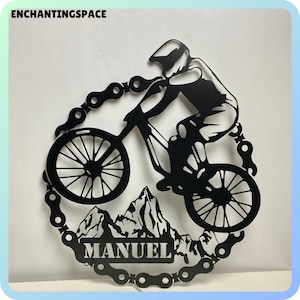 Customized Mountain Bike Racer Metal Wall Art LED Light, Personalized Bike Store Name Sign Decorations, Mountain Bike Metal Sign Wall Decor