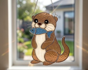 Cute Otter Suncatcher Hanging, Handmade River Wildlife Stained Glass Window Decor