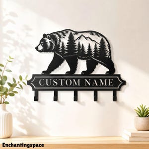 Bear Mountain Woods Metal Key Holder, Custom Wilderness Forest Grizzly Silhouette Hook Rack