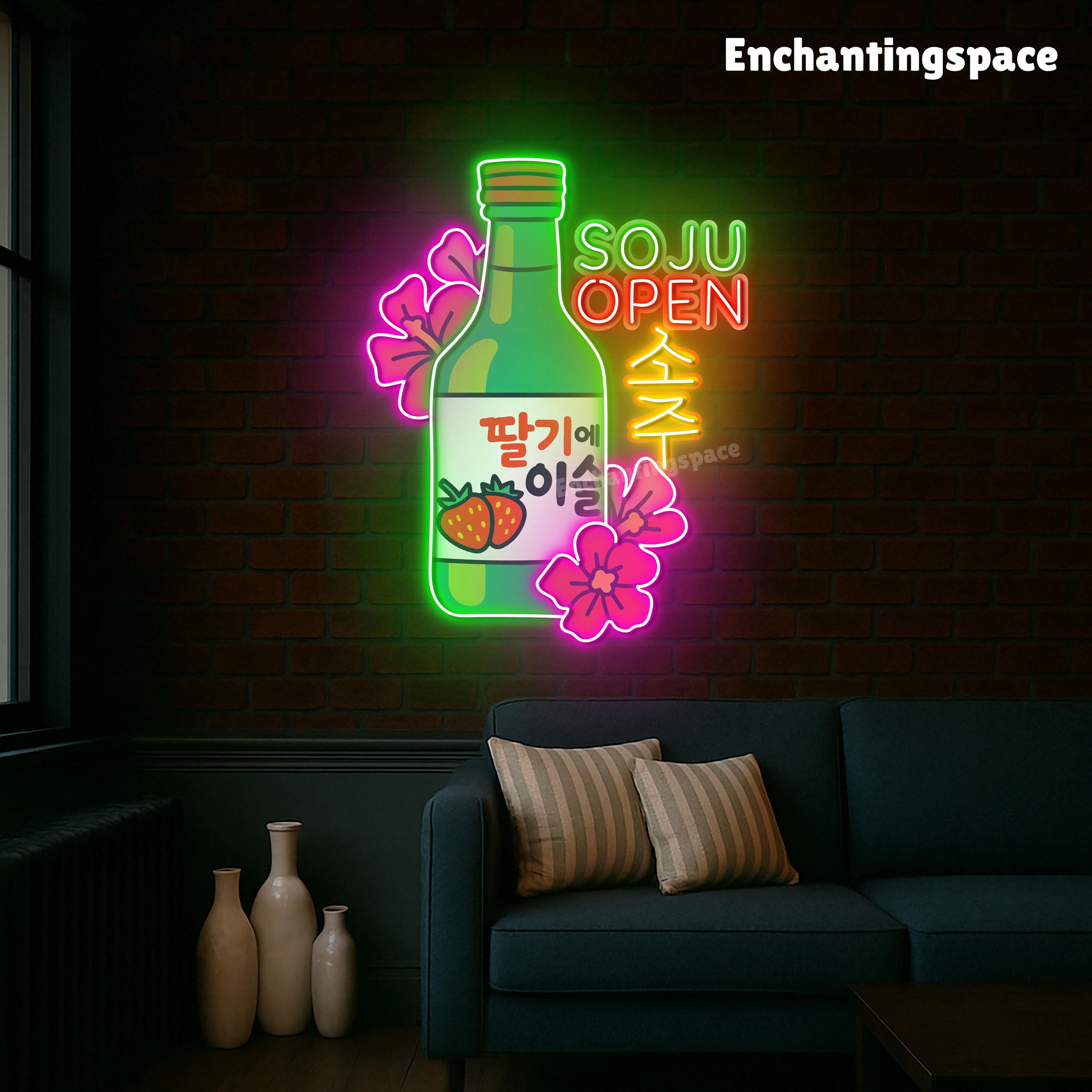 Soju Neon Wall Art, Playful LED Decor for Korean Restaurant, Bar