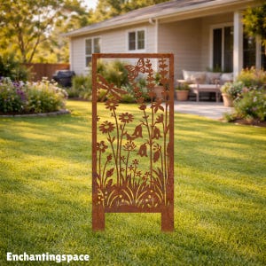 Wildflower Metal Garden Panel, Rusty Meadow with Insects Yard Stake, Rustic Outdoor Garden Sign Decor
