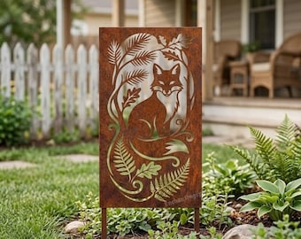 Panel de jardín rústico con diseño de zorro, estaca de metal de acero para exteriores, decoración de césped con motivos de bosque.